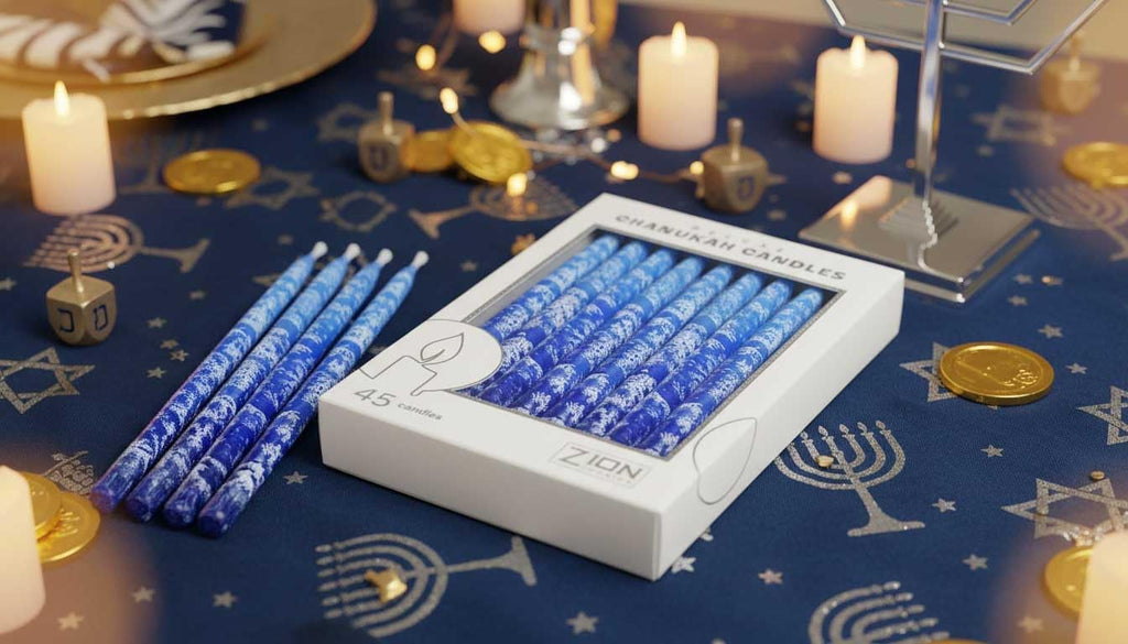 Premium Hanukkah Candles Set of 45 Frosted Multi Blue Winter Holidays Theme Candles 1-Hour Thin Tapered for All Hanukah Nights with DIY Dreidel & Chanukah Candle Lighting Blessings