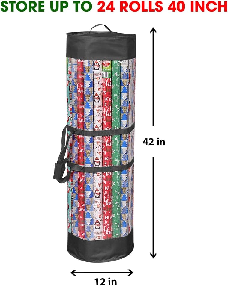 ProPik Wrapping Paper Organizer Storage Bag for All Your Gift Wrap & Ribbons, Fits Long 40 Inch Rolls, Hold Up To 24 Rolls, Heavy Duty Clear PVC Bag with Handles (Black & Clear)