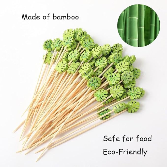 120 Pcs Monstera Leaf Cocktail Picks 4.7" Drinks Fruits Hawaiian Party Food Garnish Skewer Sticks St. Patrick's Day Decorations Supplies Cowboy Handmade Bamboo Toothpicks