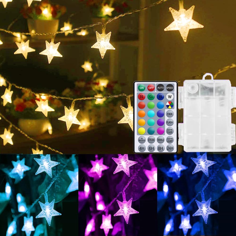 Solhice Star String Lights Battery Operated Color Changing 20ft 40 LEDs, 4th of July Decor Fairy Lights, Hanging Twinkle Lights with Remote for Outdoor Indoor Bedroom Décor