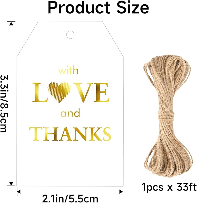joycraft 50PCS Gold Foil Thank You Tags with String – White Gift Wrapping Hangtags, Paper Hang Tags for Wedding, Baby Shower, for Guests, Favor Hangtags