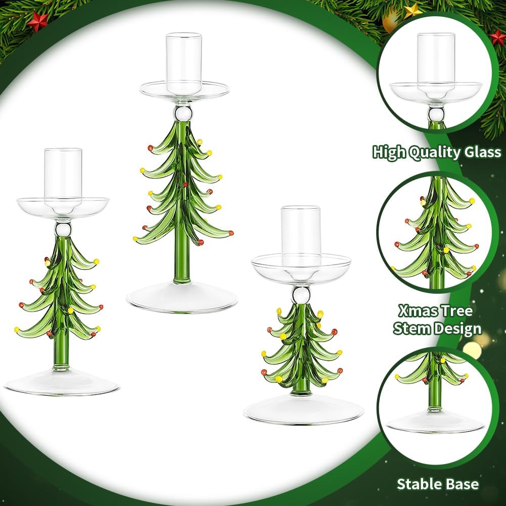 3Pcs Christmas Tree Candle Holder Christmas Taper Candlesticks Holders Green Glass Table Centerpieces Decoration for Xmas Party Wedding Mantel Decor