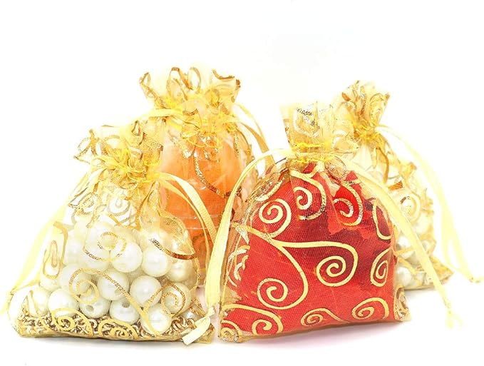 Staruby Organza Gift Bag 100Pcs Gold Sheer Organza Bag Mesh Favor Bags Drawstring Jewelry Rattan Printed Gift Pouches for Wedding Party Favors Couple Shower Christmas Gifts Candy Bags (3x4 Inches)