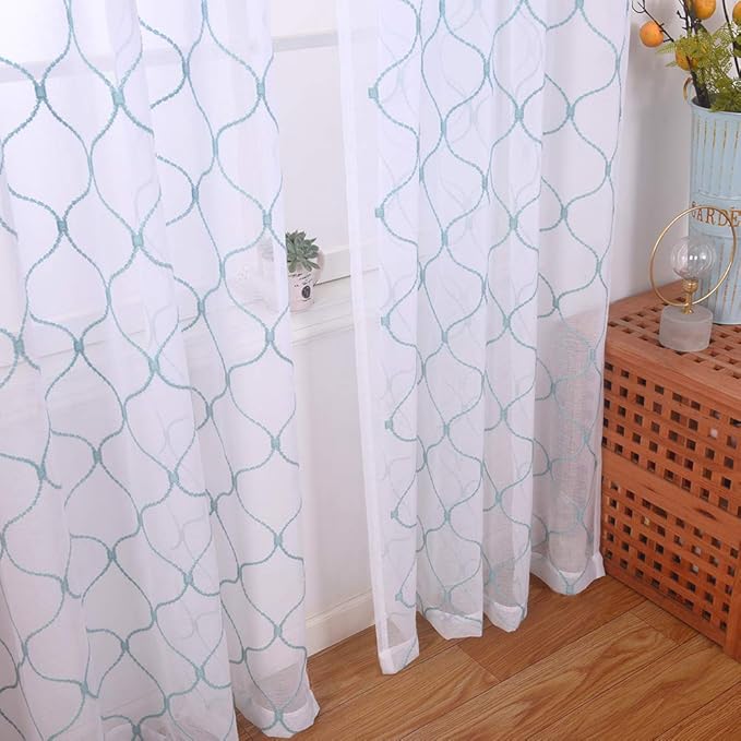 Embroidery Sheer Curtains Blue 95 Inches Long, Window Treatments Rod Pocket Drapes for Living room, Bedroom, Wave Diamond Crinkle Voile Curtain Panels for Yard, Villa, Parlor, Set of 2, 52"x 95".