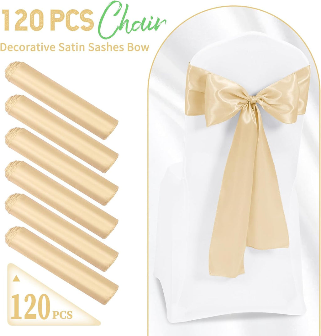 120 PCS Champagne Satin Chair Sashes, Ties Bows Designed Chairs Decorative, Chair Cover Sashes for Thanksgiving Wedding Christmas Banquet Party Home Kitchen Decoration (7 x 108 inch)