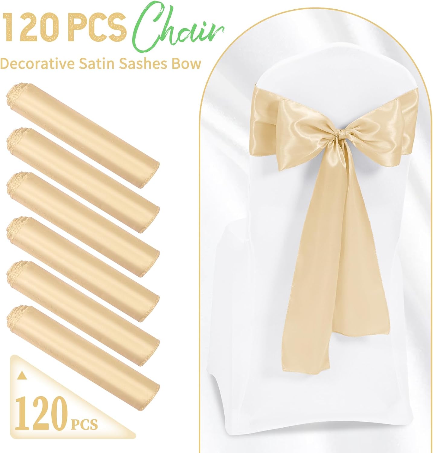 120 PCS Champagne Satin Chair Sashes, Ties Bows Designed Chairs Decorative, Chair Cover Sashes for Thanksgiving Wedding Christmas Banquet Party Home Kitchen Decoration (7 x 108 inch)