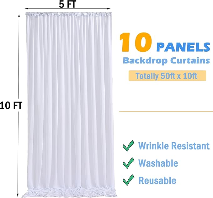 50ftx10ft Wrinkle Free White Backdrop Curtain for Party Background, 10 Panels Silky Polyester Photo Backdrop Drapes Back Drop Cloth for Wedding Birthday Photography Baby Shower Photoshoot Decor