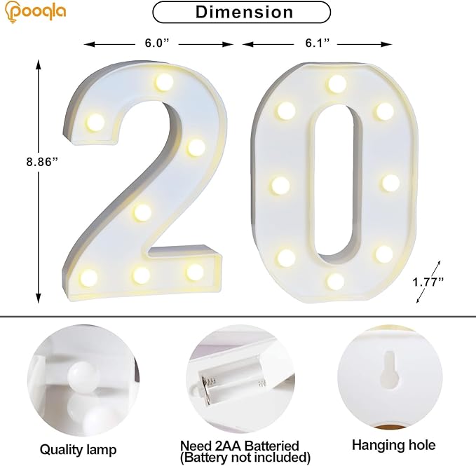 Pooqla 20th Birthday Decoration for Her Him, Decorative LED Light Up Numbers, Marquee Numbers 20 Sign for Party Backdrop 20th Wedding Anniversary Decor, Warm White and Cool White Number 20