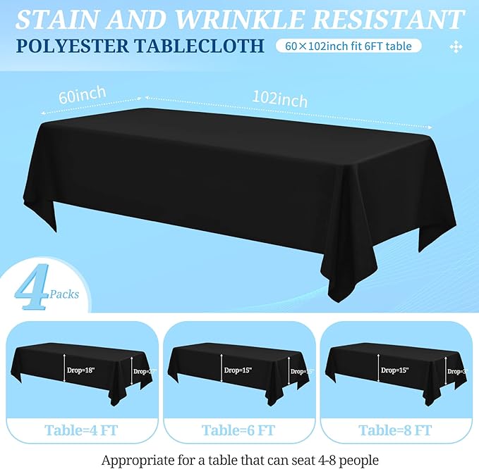 4 Pack Black Tablecloths for 6ft Rectangle Tables 60 x 102 Inch - Polyester Table Cover Stain and Wrinkle Resistant Washable Fabric Table Clothes for Wedding Party Banquet Reception Restaurant
