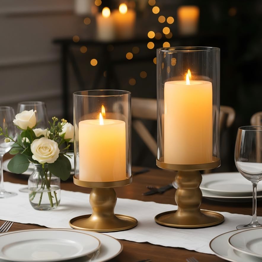 NITIME 4Pcs Hurricane Candle Holder for Pillar Candles, Gold Candle Holders with Clear Glass Sleeve for Table Centerpieces,Pillar Candle Holders for Home Decor, Wedding, Holiday and Party Decor