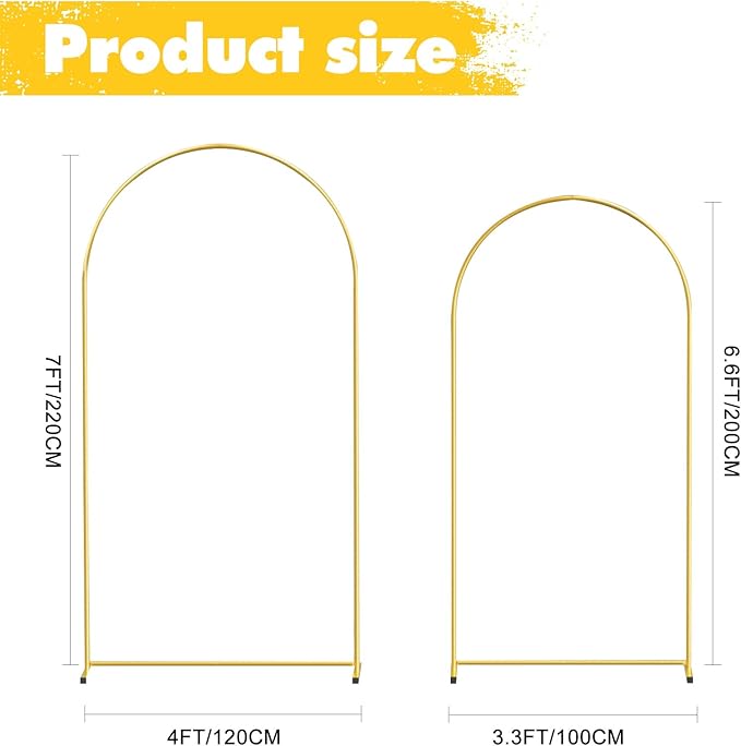 Gold Metal Wedding Arch Backdrop Stands Set of 2 (7.2FT & 6.6FT), Metal Square Balloon Arch Frame for Birthday Party, Ceremony, Baby Shower