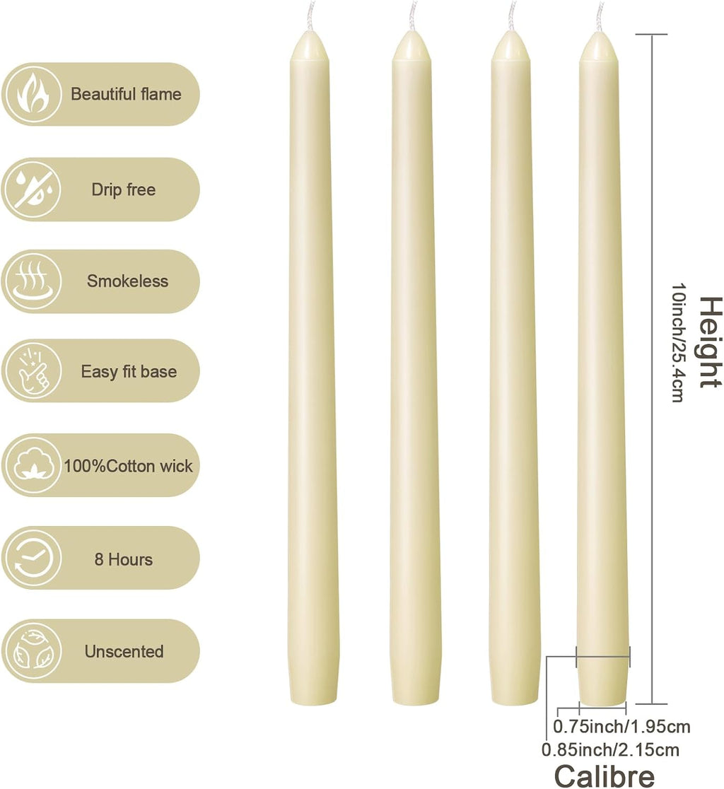 Everymoment Ivory Taper Candles - 4 Pack 10 Inch Candlesticks - Dripless & Smokeless Tapered Candle 8 Hours Unscented Cream Candle Sticks - Perfect for Wedding Holiday Dinner Party Home Decor