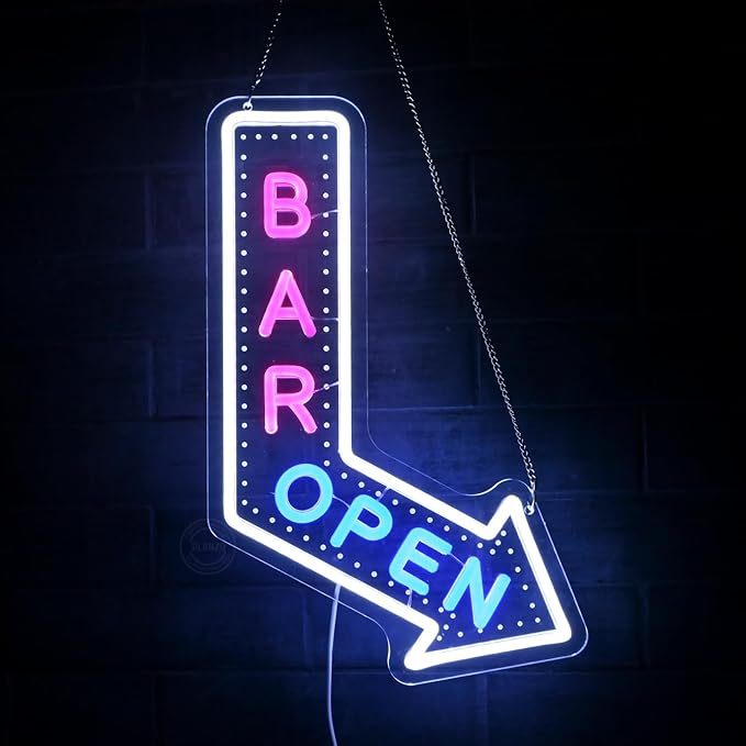 Planzo Bar Open Neon Signs for Business LED Light Up Open Beer Sign Wall Decor for Home Pub Cafe Man Cave Club Cocktails Coffee Bistro Hotel Party Window Indoor USB Powered Dimmable White Pink Blue