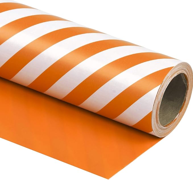 WRAPAHOLIC Reversible Wrapping Paper - Mini Roll - 17 Inch x 33 Feet - Orange and Stripes Design for Birthday, Wedding, Baby Shower, Holiday