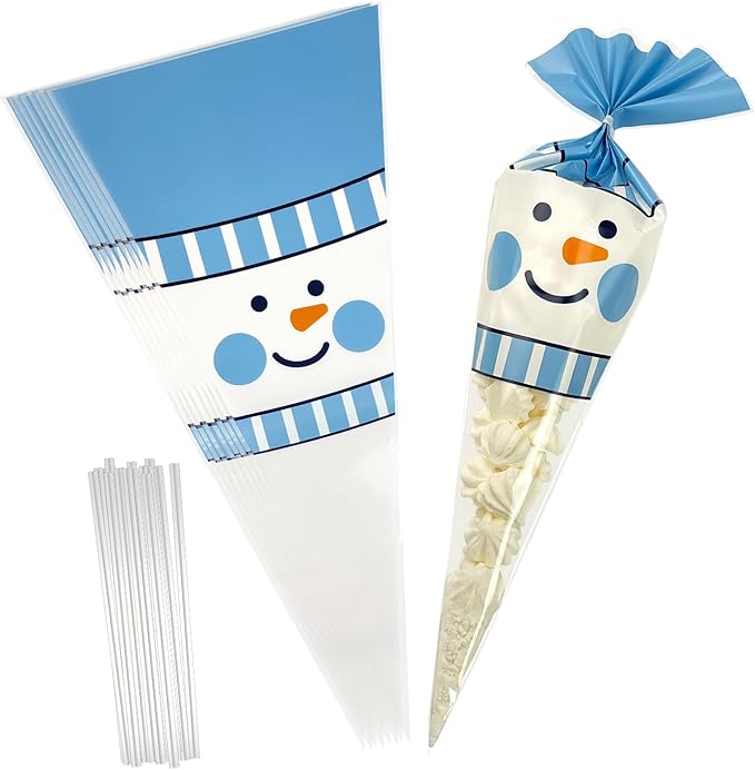 EKAPACKAGING 50Pcs 7x15 Inches Snowman Print Cone Shaped Treat Bags with Ties, Christmas Clear Cellophane Bags, Party Favor Bags for Popcorn, Cookies, Cotton Candy, Gift, and Pretzel Rod