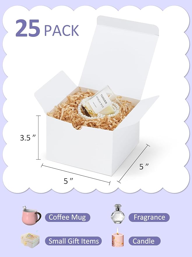 Eupako White Gift Boxes 5x5x3.5 25 Pack Kraft Paper Gift Boxes with Lids for Crafting, Gifts, Wedding, Birthday, Party, Cupcake