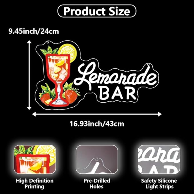 Lemonade Neon Sign,Lemonade Bar Led Neon Signs Wall Decor, Cocktail Bar Drinks Neon Signs for Business Art Wall,Restaurant,Shop,Pub, Night Club, Man Cave Decoration