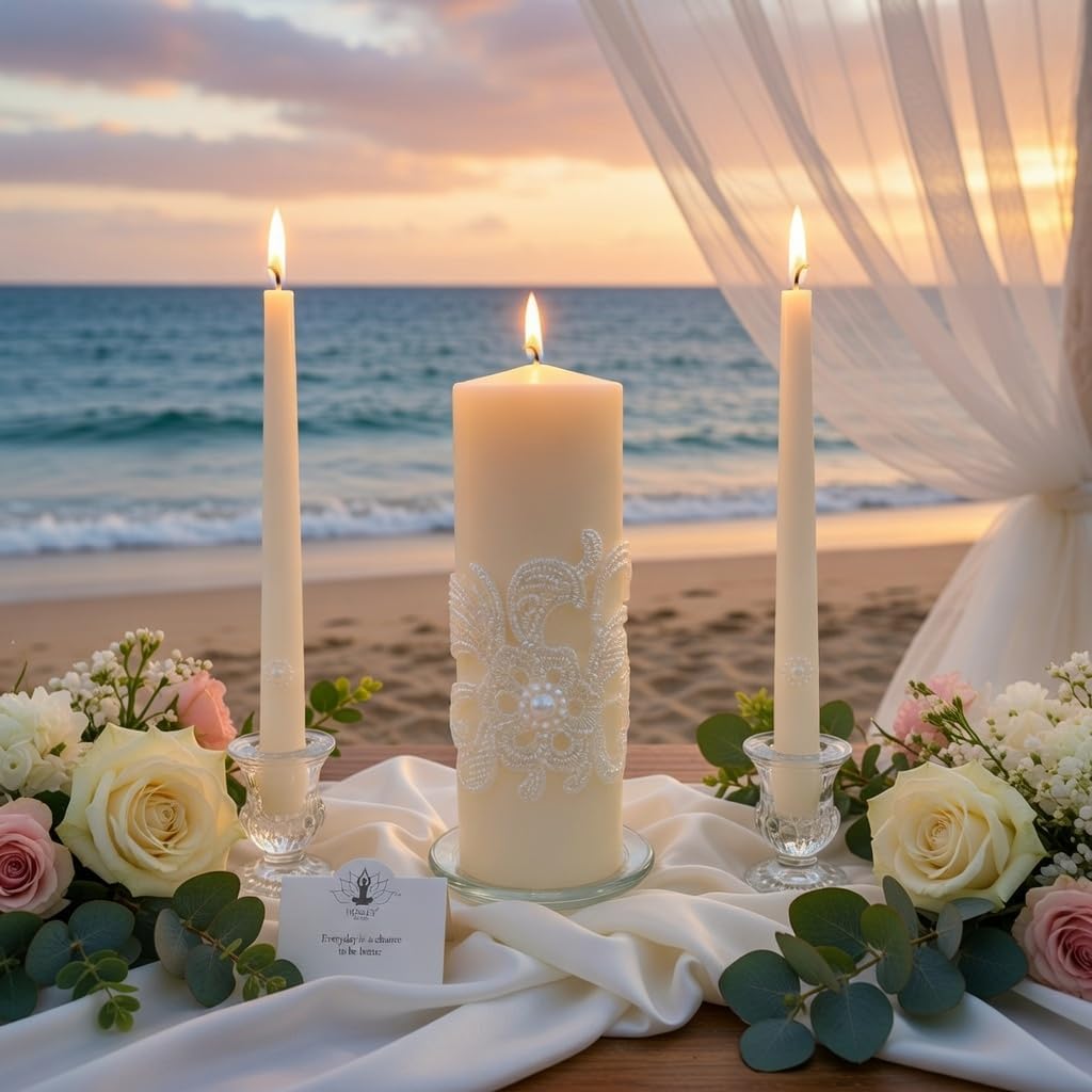 Hosley 11.5-Inch Wedding Unity Candle Set – Cream Pillar & 2 Taper Candles for Ceremony, Special Events, Emergency Kit, Reiki Spa Meditation