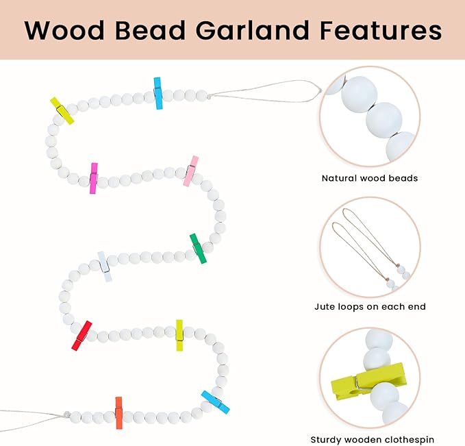 Hanging Photo Display with Clips, Boho Wooden Bead Garland Collage Picture Frame Wall Decor, Photo String with 10 Different Random Colors Wood Clips for Bedroom Room Decor, Christmas Teen Girls Gifts