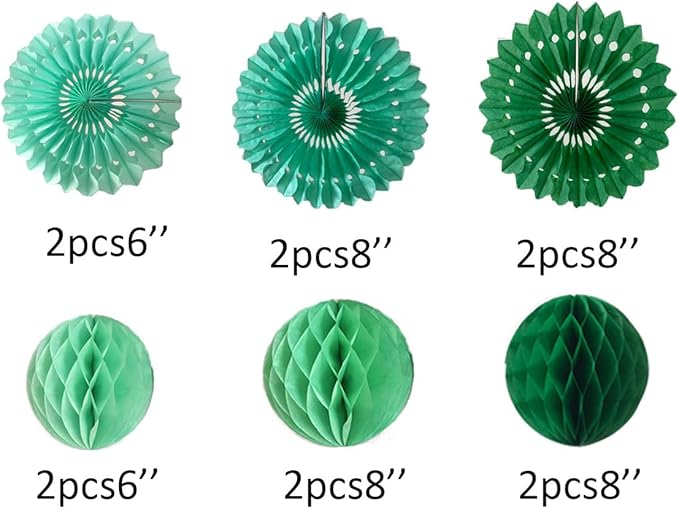 12pcs 6’’ 8’’ Honeycomb Balls Tissue Paper Fans Party Honeycomb Ball Fans Wall Tissue Pom Poms Flower Balls Hanging Paper Fans for Party Baby Shower Birthday Wedding Nursery Wall Decor(Green Set)