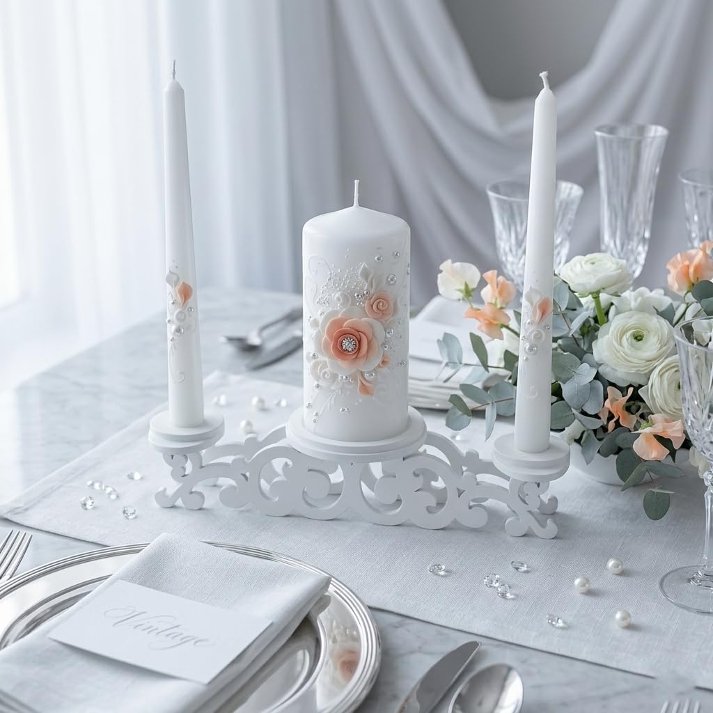 Unity Candle Set - Wedding Ceremony & Reception – 6” Pillar & Two 10” Taper Candles – Long Burning Unity Candles for Marriage Ritual – Handmade in USA – White | Rose