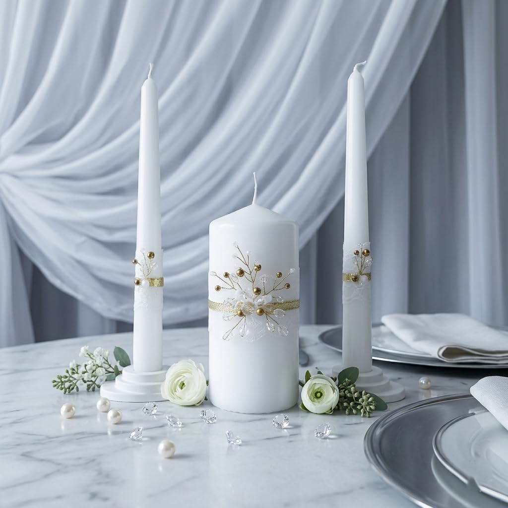 Unity Candle Set - Wedding Ceremony & Reception – 6” Pillar & Two 10” Taper Candles – Long Burning Unity Candles for Marriage Ritual – Handmade in USA – Diamond |Gold
