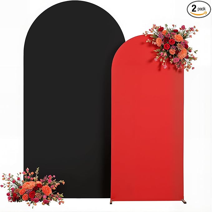 Red Black Arch Backdrop Cover for Wedding, Set of 2 Stretchy Spandex Fitted Arch Stand Cover for Baby Shower, Birthday Party Decor, Chiara Backdrop Cover with Double-Sided Design(7.2FT 6FT)
