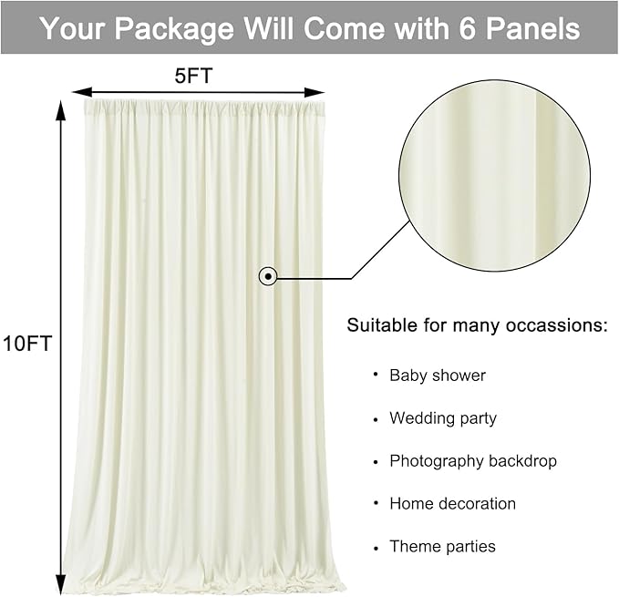 30 ft x 10 ft Wrinkle Free Ivory Backdrop Curtain for Wedding Parties, Polyester Ivory Photo Backdrop Drapes 6 Panels 5x10ft for Baby Shower Photoshoot Engagement Birthday Party Photography Background