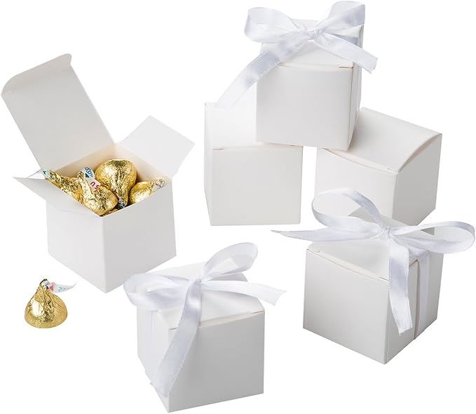 AWELL White Gift Candy Box Bulk 2x2x2 inches with White Ribbon Party Favor Box,Pack of 50