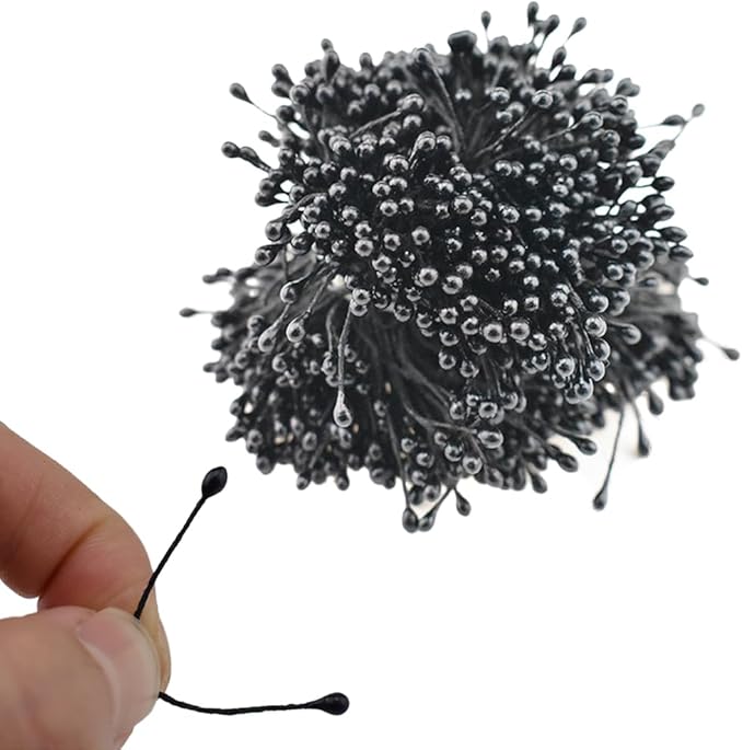 HAHIYO 700Pcs 3mm Fully Black Pearl Double Head Flower Pistil Handmade Artificial Pistil para Flore Pearlized Floral Stamen Pollen for Flower Making Scrapbook Decoration