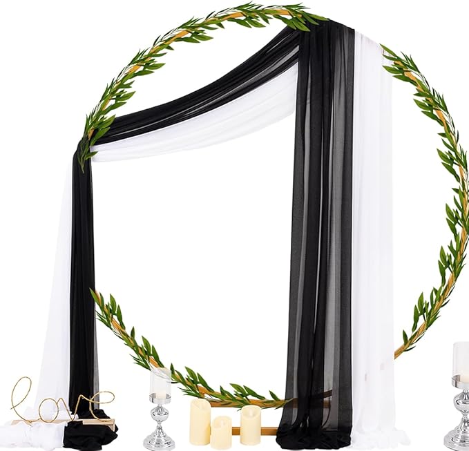 Socomi Wedding Arch Draping Fabric 29" x 20Ft 2 Panels Black and White Sheer Outdoor Curtain Drapes Extra Long for Bridal Baby Shower Birthday Party Decor