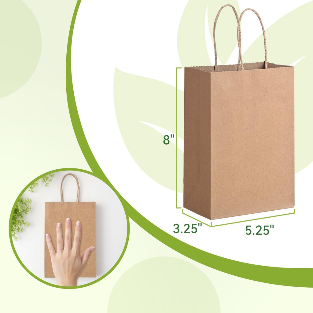 100 Pack Small Paper Gift Bags with Handles, 5.25 x 3.25 x 8 Inch, Brown | Kraft Material, Bulk Pack for Craft, Shopping, Business, Retail, Party Favor, Birthday and Grocery Use