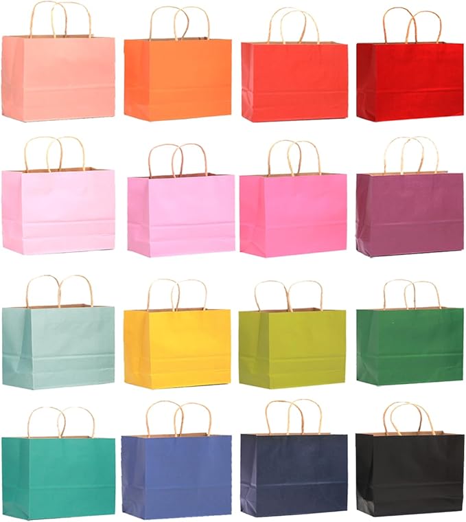 qiqee 100Pcs Wide Large Paper Gift Bags with Handles - 13"x4.5"x10" Kraft Small Party Bags - 16 Solid Colors