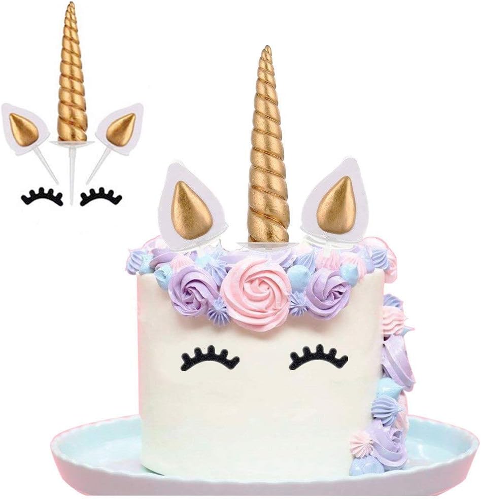 Unicorn Cake Topper, Reusable Gold Unicorn Horn, Ears and Eyelashes Party Cake Decoration Value Set for Unicorn Party Decoration for Baby Shower, Wedding and Birthday Party(Set of 5)