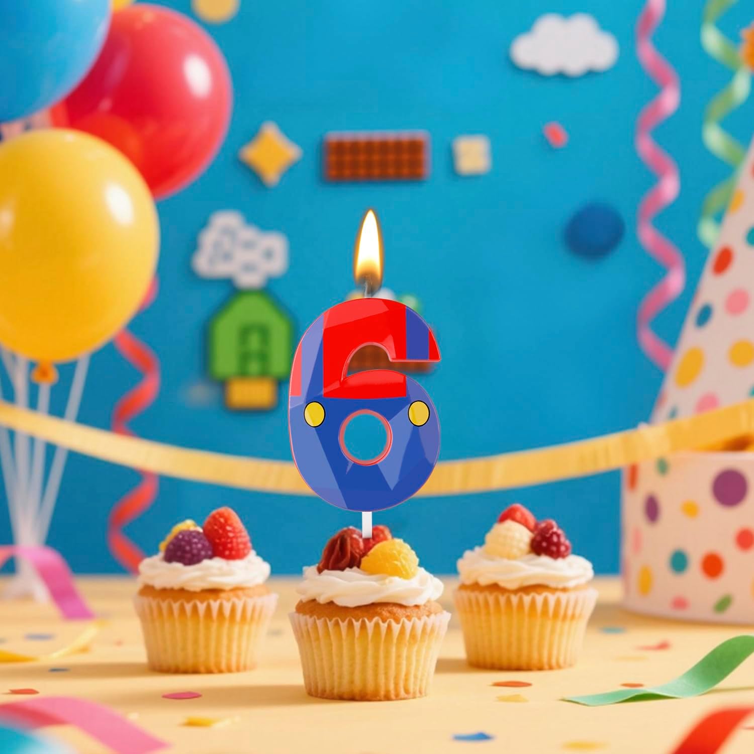 Blue Red Cartoon Game Candle Numeral Birthday Candles Cake Topper Decorations for Boys Girls Kids Cartoon Themed Party Supplies (Number 6)