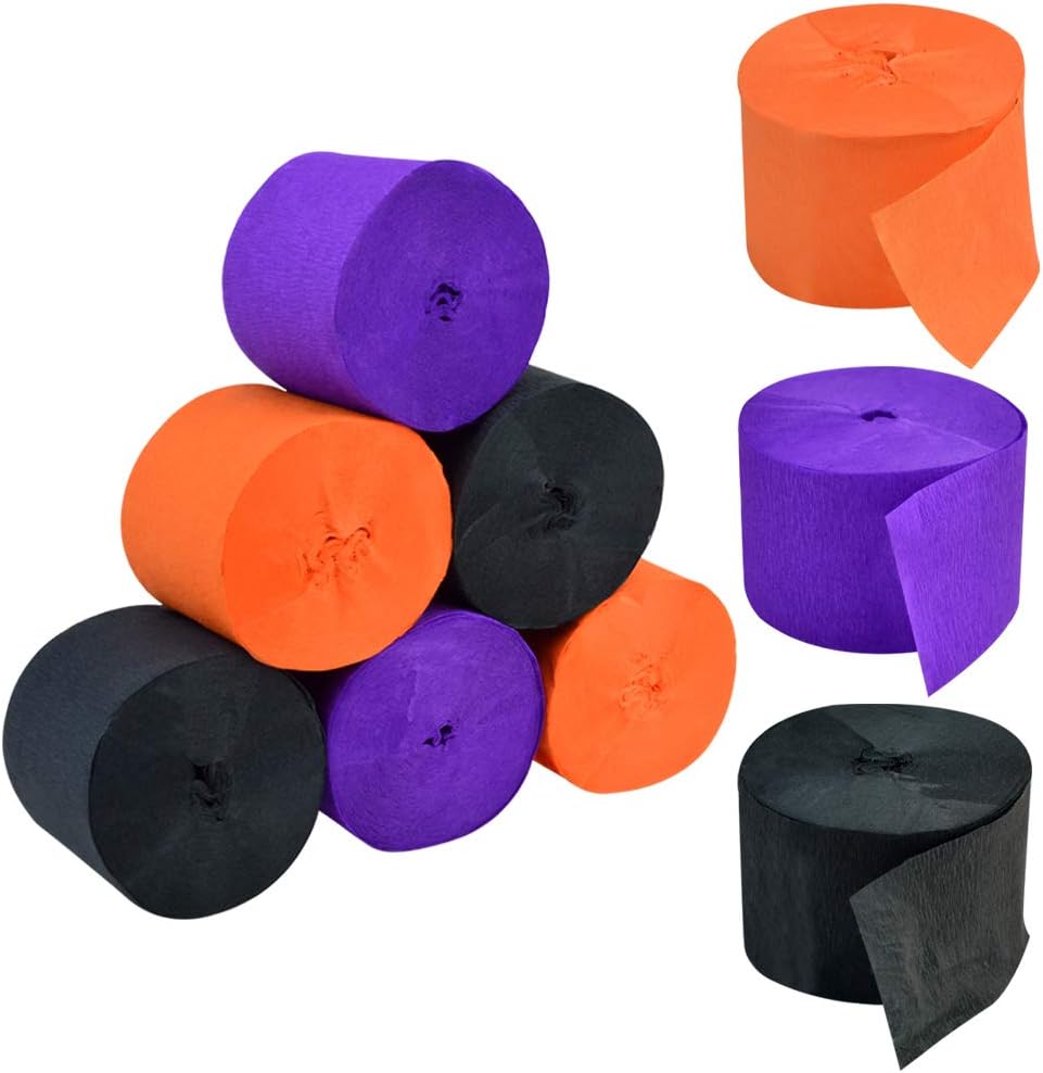 jiebor Crepe Paper Streamers for Halloween Black Orange Purple Crepe Paper Roll Halloween Party Room Wall Decor, 9 Rolls 738 Ft