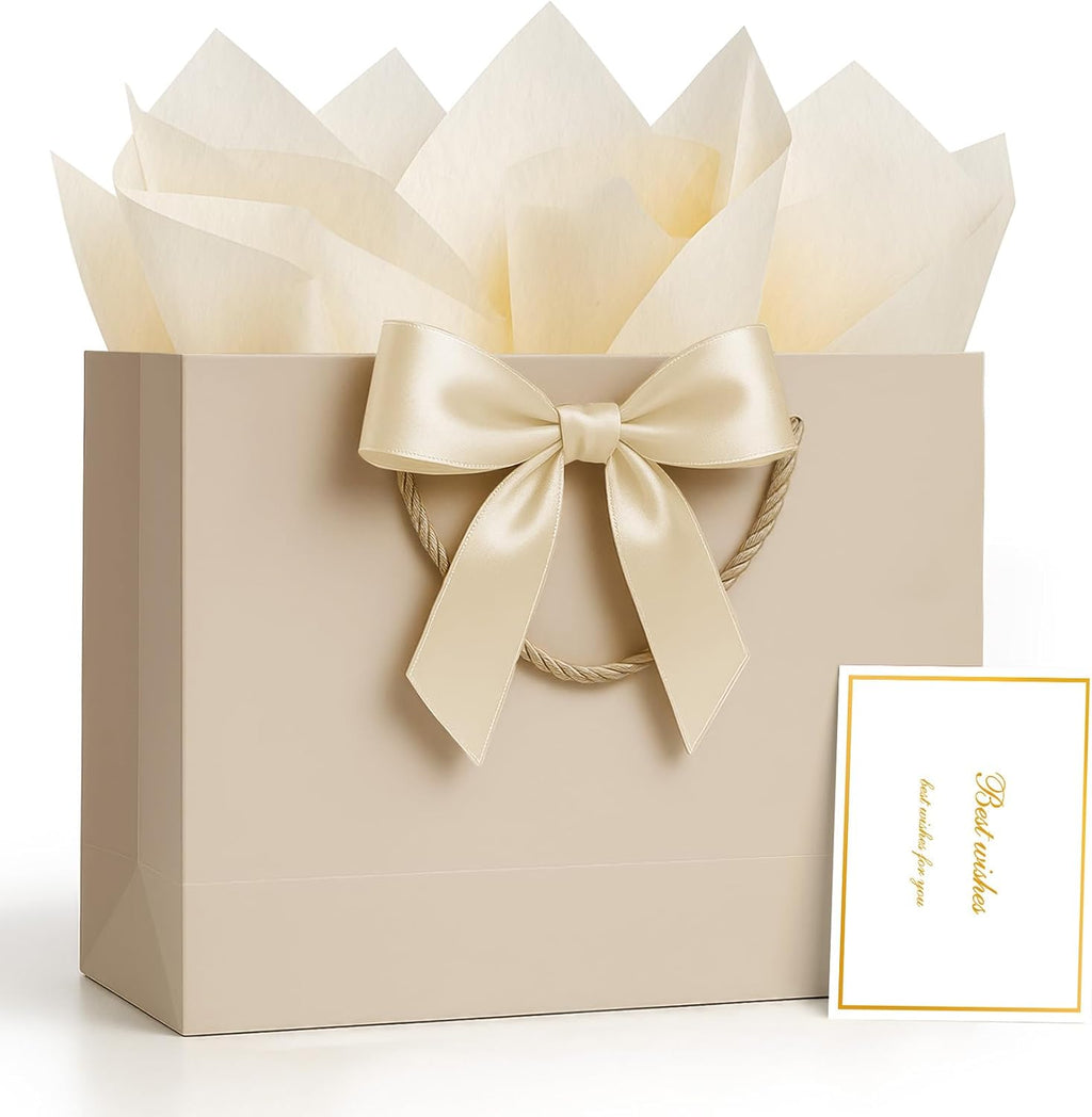 ANZNKU Gift Bags Medium with Handles with Ribbon Card and 2 Tissue Paper, 1 Pcs Cute Champagne Beige Paper Gift Wrap Bag for Wedding Party Favors Birthday Baby Bridal Shower Engagement & Graduation
