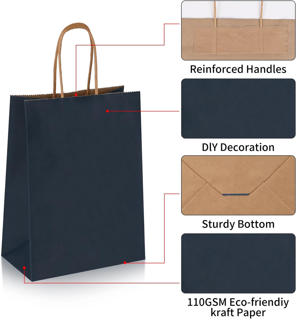 Joybe 100 Pack 5.95x3.25x8 Inch Small Navy Blue Paper Bags with Handles Bulk, Kraft Paper Gift Bags for Birthday Party Favors Grocery Retail Shopping Business Goody Merchandise Craft Blank Sacks