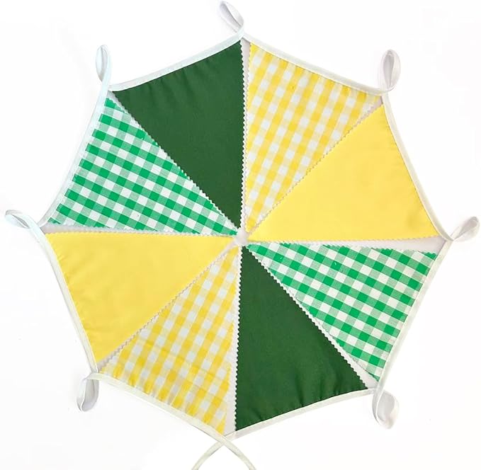 32Ft Yellow Green Party Decorations Green Yellow Gingham Banner Buffalo Plaid Checkered Triangle Flag Pennant Fabric Garland Streamers for Master Golf Birthday Baby Shower Picnic Golf Decor Supplies