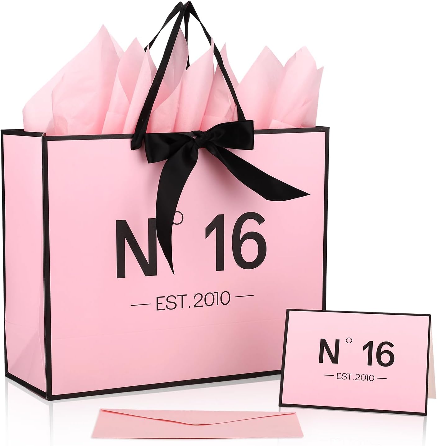 Sweet 16 Gifts for Girls, N°16 EST.2010 Pink sweet 16 Gift Bag with Card Envelope Ribbon Tissue Papers Birthday Decorations Anniversary Party Favors for Daughter Granddaughter Friends
