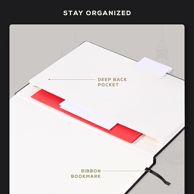 Beechmore Books A4 Sketchbook – 8.5x11 Premium Vegan Leather Bound Large Sketch Book Hardcover with 156 Thick 160gsm Perforated Ivory Pages, Blank Sketch Pad, Gift Boxed, Back Pocket, Ribbon Bookmark