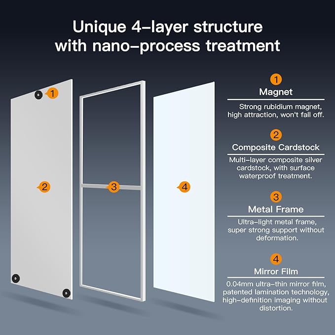 55"x16" Magnetic Mirror Lightweight Full-Length Mirror | Strong Adhesion, Easy Installation | Suitable for Refrigerators, Glass Walls, Wooden Doors, and More | 8.2kg Ultra-Strong Support | Black