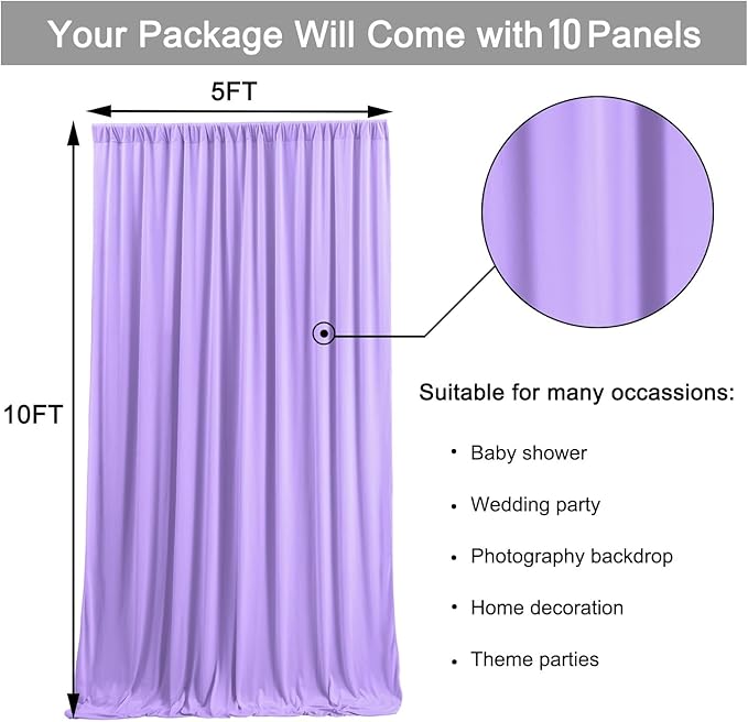 50 ft x 10 ft Wrinkle Free Lavender Backdrop Curtain for Parties, Polyester Light Purple Photo Backdrop Drapes 10 Panels 5x10ft for Baby Shower Photoshoot Wedding Birthday Party Photography Curtains