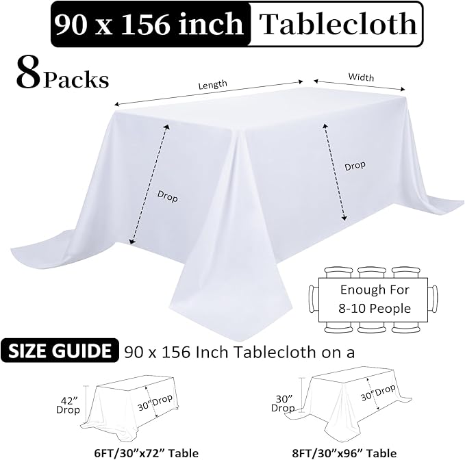 8 Pack White Table Cloth 90 x 156 Inch Rectangular Tablecloths for 8 Foot Rectangle Tables, Wrinkle Resistant White Tablecloth Washable Polyester Fabric Table Covers for Party Wedding Banquet