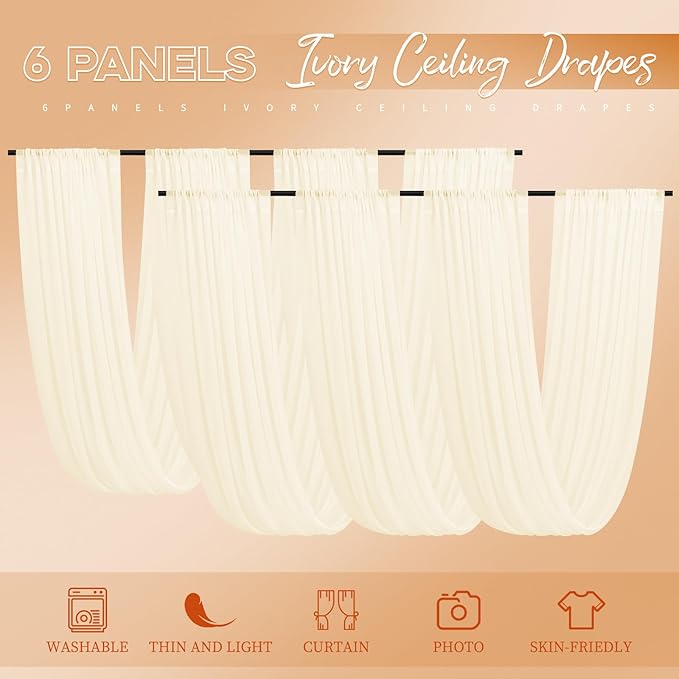 6 Panels Ivory Ceiling Drapes, 5ftx20ft Ceiling-Drapes Wedding Arch Draping Fabric Cheesecloth Sheer Curtain Romantic Decorations for Wedding Party Banquet Ceremony Stage