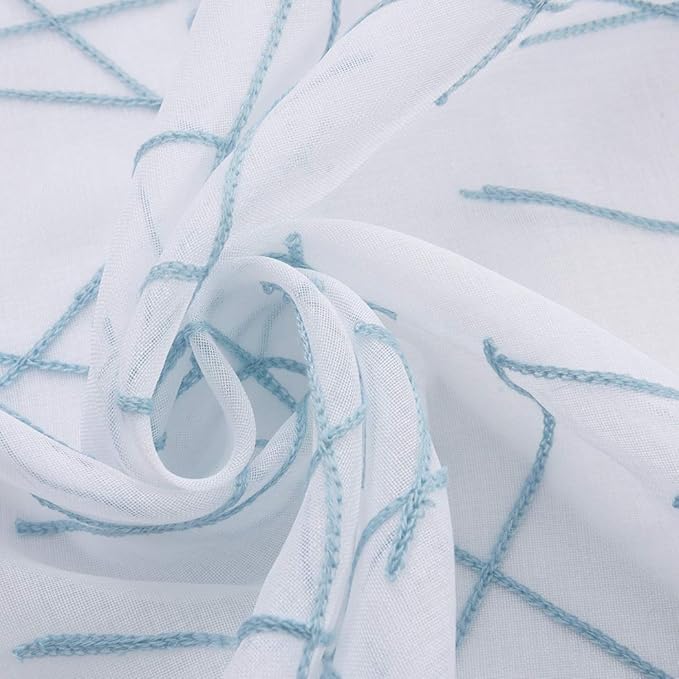 Blue Sheer Curtains 63 Inches, Rod Pocket Voile Drapes for Living room, Bedroom, Modern Embroidery Window Treatments Semi Faux Linen Curtain Panels for Yard, Patio, Parlor, Set of 2, 52"x 63".