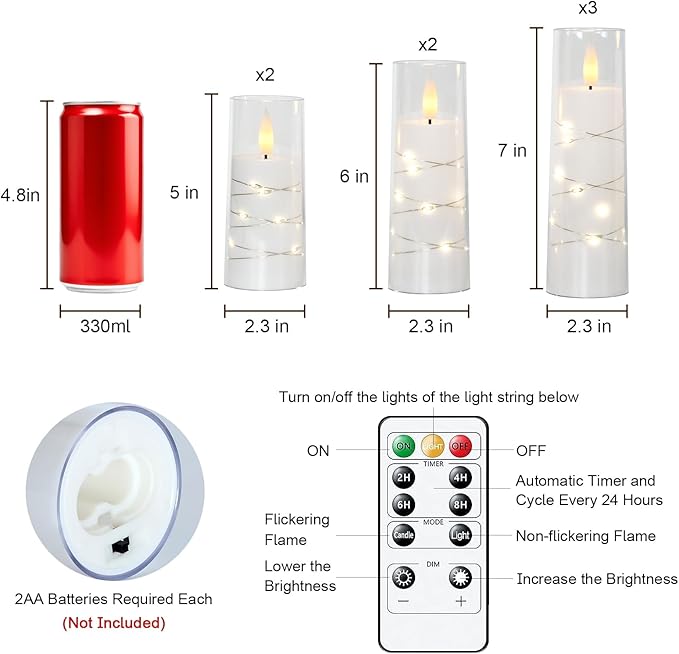 Raycare Flameless Candle with Remote Timer, 7 Flickering Acrylic Battery Operated LED Pillar Candles with Embedded Star String for Halloween, Home Decor, and as a Gift(White)