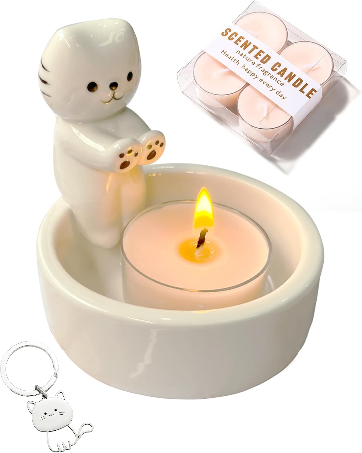 Cat Candle Holder with 4 Scented Tealight Candles & Free Keychain, Cute Ceramic Kitten Candlestick, Cartoon Cat Paw Candle Decor, Cat Lover Gift for Women, Home Aromatherapy Set