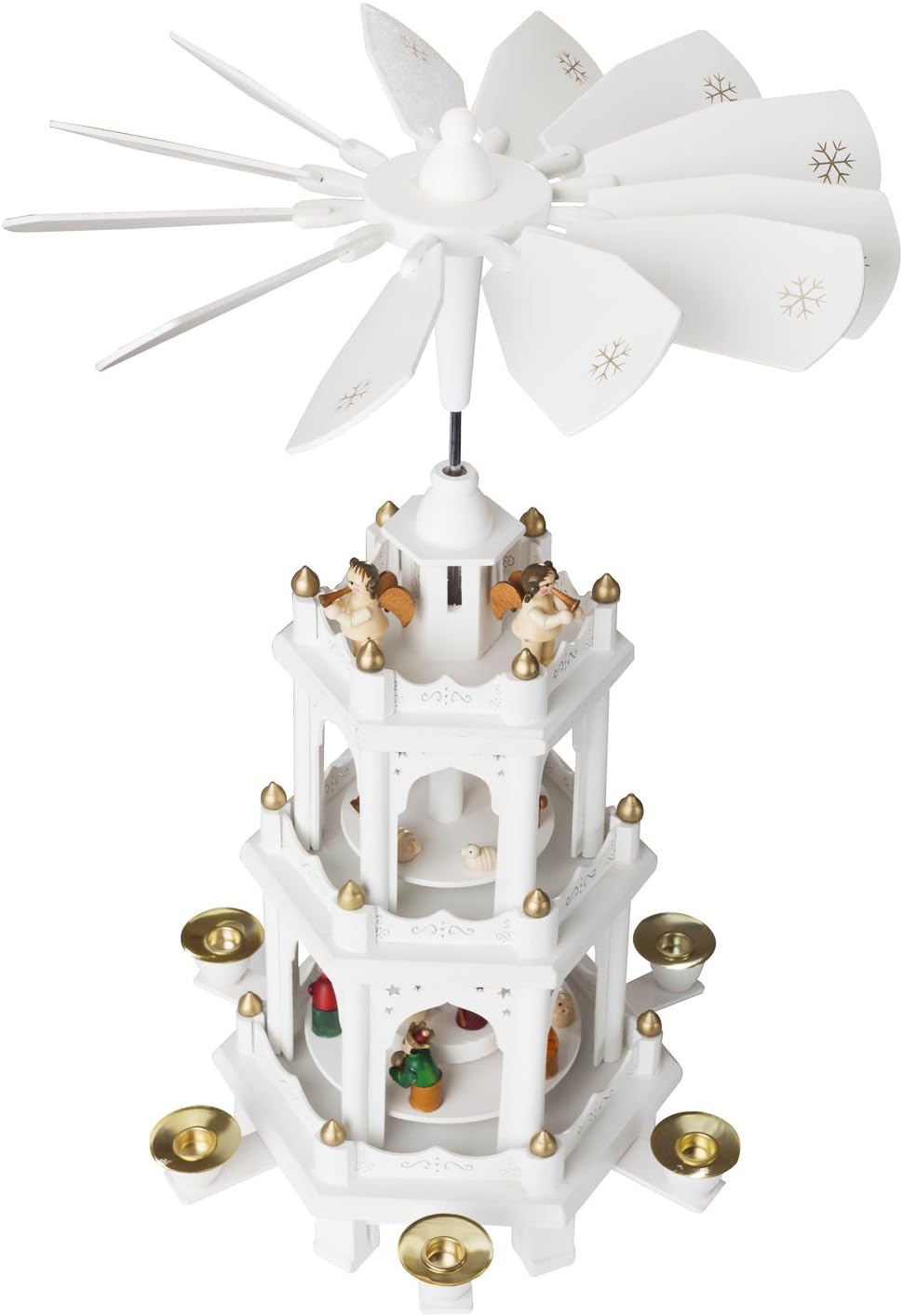 BRUBAKER Christmas Pyramid - 18 Inches - White - Wooden Nativity Play - 3 Tier Carousel with 6 Candle Holders - Designed in Germany