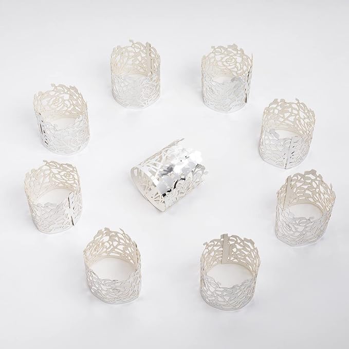 100pcs Disposable Rose Flower Paper Napkin Rings Laser Cut Foil Paper Napkin Holder, Leaf Vine Serviette Rings for Table Decoration,Christmas,Wedding,Party (Silver) (Pack of 2)